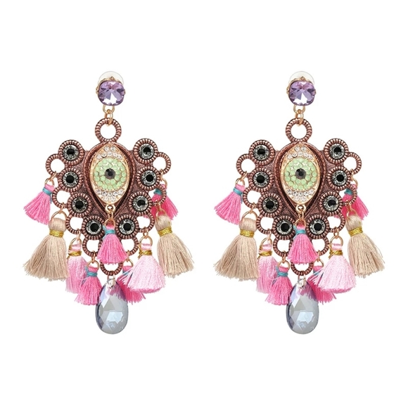 Pastel Boho Evil Eye Tassel Fringe Earrings - Picture 1 of 6